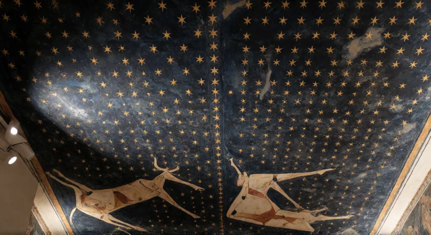 qué hicieron los pueblos antiguos para conocer las características de los cuerpos celestes egipto, Diagrama celeste egipcio con estrellas decanales y constelaciones en techo de tumba