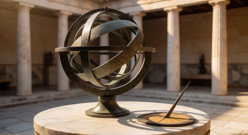 que hicieron los pueblos antiguos para conocer las características de los cuerpos selestes, Esfera armilar de bronce griega y reloj de sol en un patio columnado