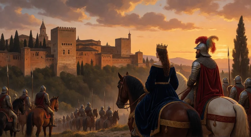 que hicieron los reyes católicos, Isabel I y Fernando II ante las puertas de la Alhambra de Granada en 1492