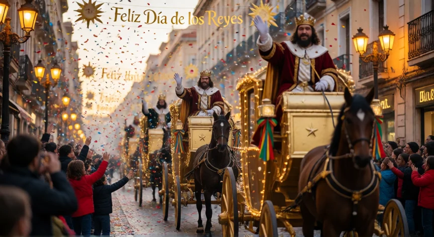 que hicieron los reyes magos el 6 de enero, Cabalgata de los Reyes Magos por las calles de una ciudad española con niños, confeti y carrozas iluminadas.