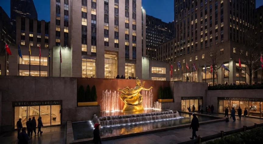 que hicieron los rockefeller, Rockefeller Center y estatua de Prometeo en Manhattan al anochecer