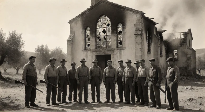 que hicieron los rojos en españa, Ruinas de una iglesia en la España rural durante la Guerra Civil, 1936