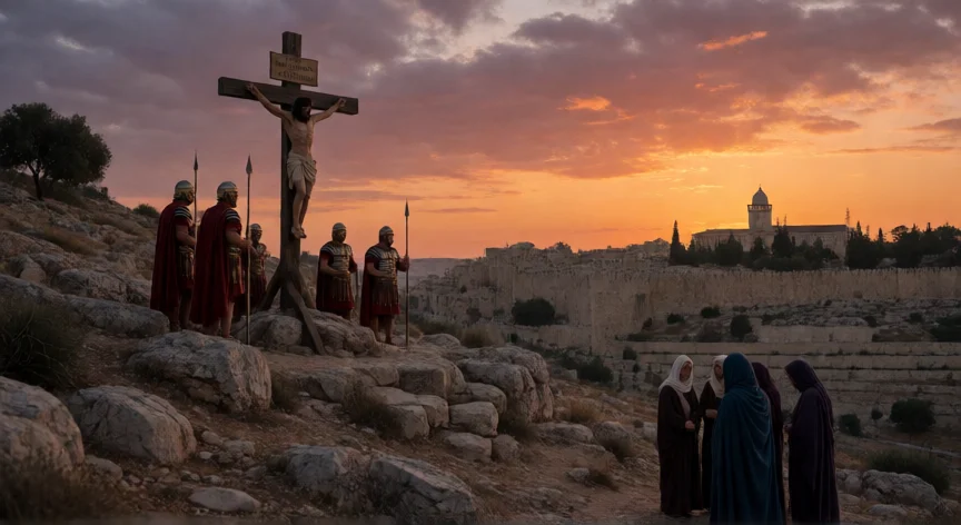 que hicieron los romanos a jesus, Crucifixión en el Calvario con el titulus romano 'IESVS NAZARENVS REX IVDAEORVM' al atardecer