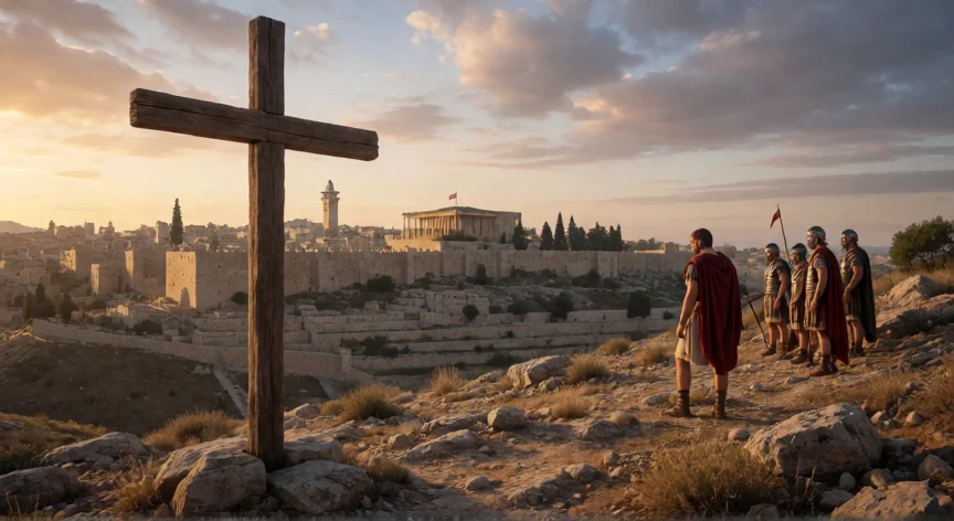 que hicieron los romanos con jesus, Vista del Gólgota con la cruz romana y murallas de Jerusalén al fondo al atardecer