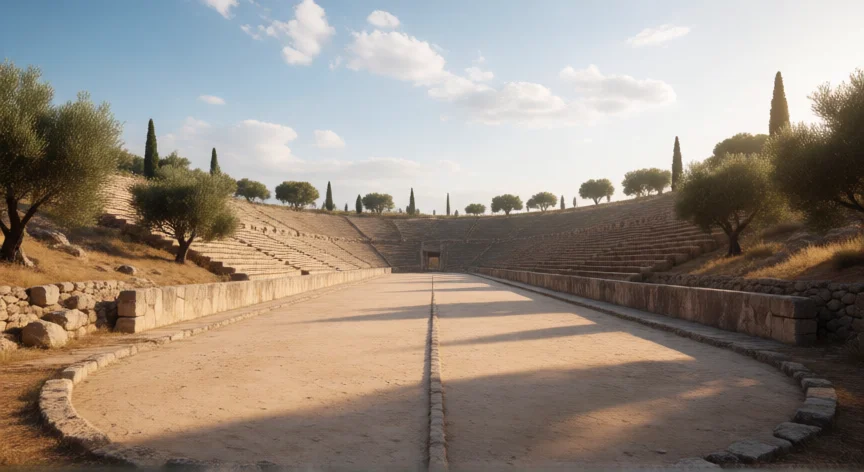 qué hicieron los romanos con las pruebas olímpicas griegas, Reconstrucción del estadio de Olimpia con su pista de carreras y graderío de piedra
