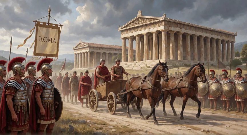 qué hicieron los romanos con las pruebas olímpicas griegas, Delegación imperial romana llegando a Olimpia en época del Imperio