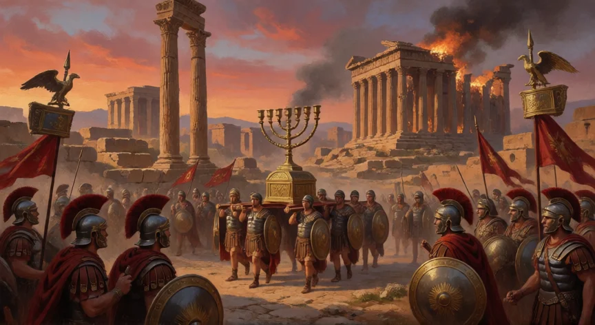 Procesión triunfal romana con la Menorá capturada tras la destrucción del Templo de Jerusalén en el 70 d.C.
