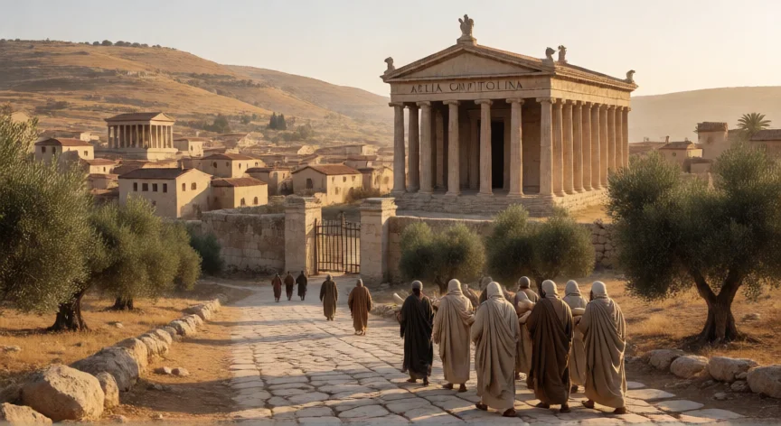 que hicieron los romanos con los judios, Reconstrucción de Aelia Capitolina sobre las ruinas de Jerusalén tras la revuelta de Bar Kokhba en el siglo II.