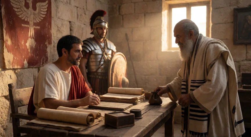 Oficina administrativa romana en Jerusalén con el prefecto y un anciano judío entregando una bolsa de monedas