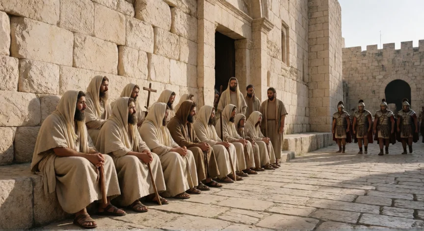 que hicieron los romanos cuando jesus resucito, Pequeño grupo de primeros seguidores cristianos en los escalones de Jerusalén con soldados romanos de fondo