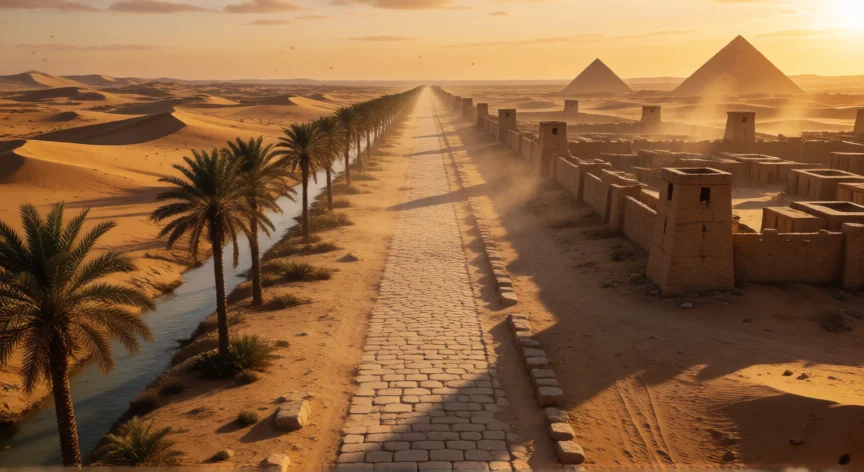 Calzada romana en Egipto con campamento militar y canales de riego al atardecer