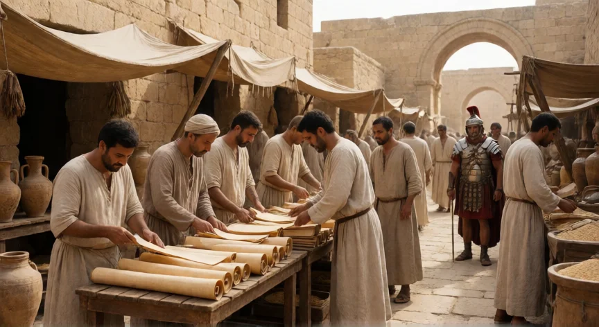 que hicieron los romanos en egipto, Mercado romano en el valle del Nilo con mercaderes y soldados de guardia