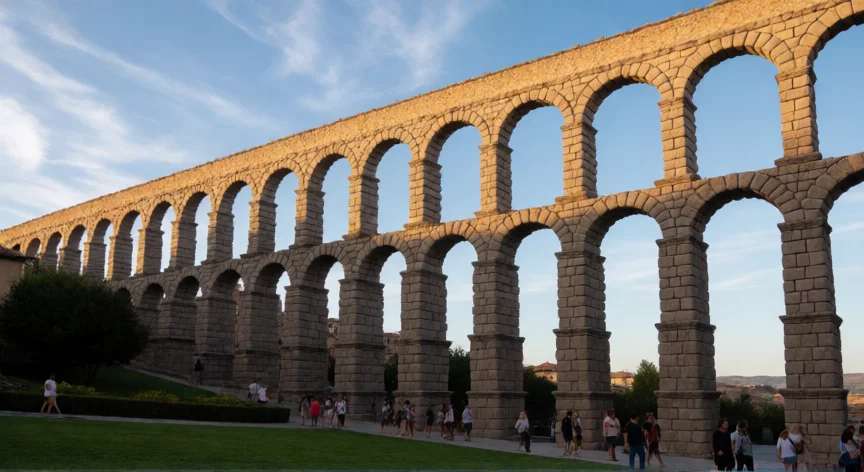 que hicieron los romanos en españa, Acueducto romano de Segovia al atardecer con visitantes paseando bajo sus arcos