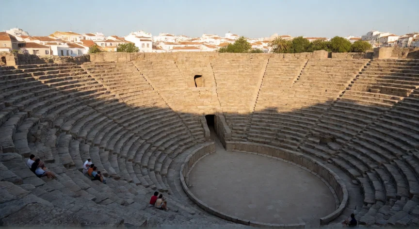 que hicieron los romanos en españa, Teatro romano de Mérida con visitantes entre las gradas de piedra y la ciudad al fondo