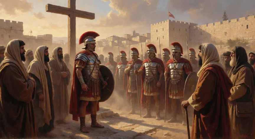 Soldados romanos y la cruz en Jerusalén durante el juicio de Jesús