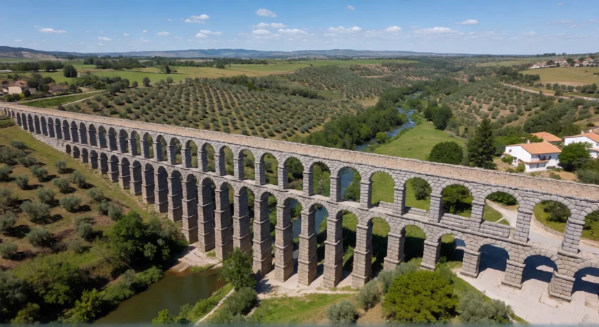 que hicieron los romanos en la peninsula iberica, Acueducto romano de Segovia visto en aéreo mostrando sus dos arcos de granito