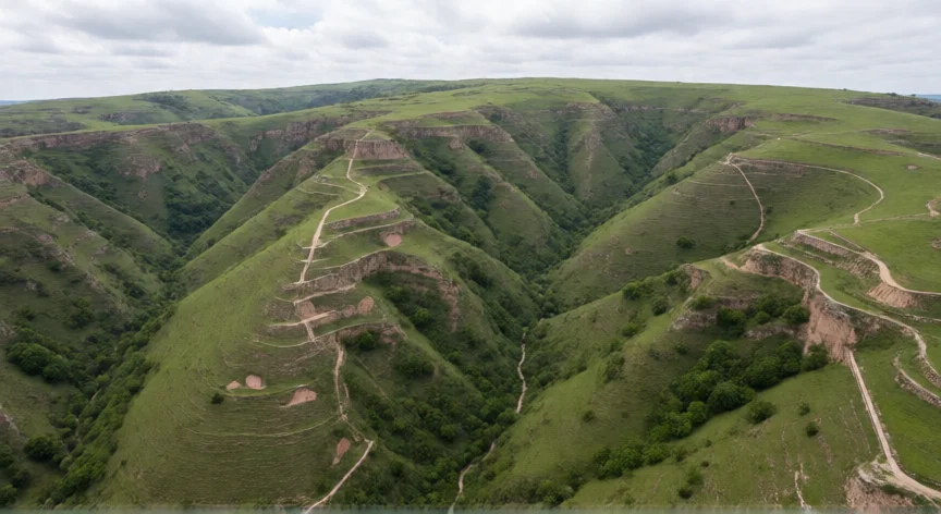 Paisaje aéreo de Las Médulas mostrando las colinas erosionadas por la minería romana en León