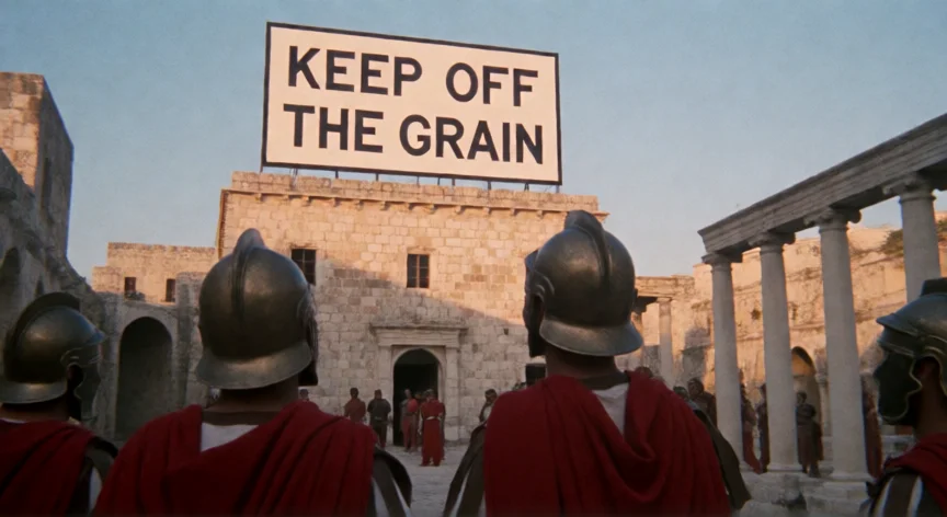 Cartel romano KEEP OFF THE GRAIN en el tejado de un edificio con legionarios abajo