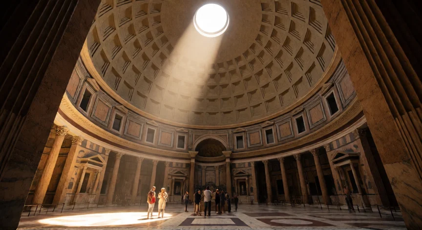 Interior del Panteón de Roma con el oculus abierto al cielo