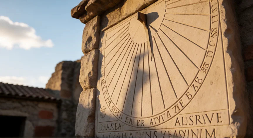 que hicieron los romanos para conocer el universo, Gnomon romano de piedra con inscripciones latinas bajo el sol de la tarde