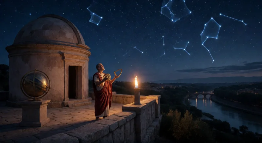 Astrónomo romano observando el cielo nocturno con un astrolabio desde una terraza elevada en la Roma antigua.