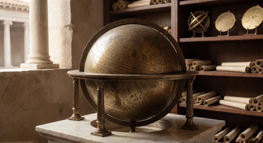 que hicieron los romanos para conocer los cuerpos celestes, Globo celeste romano de bronce con constelaciones grabadas en un atrio de mármol.
