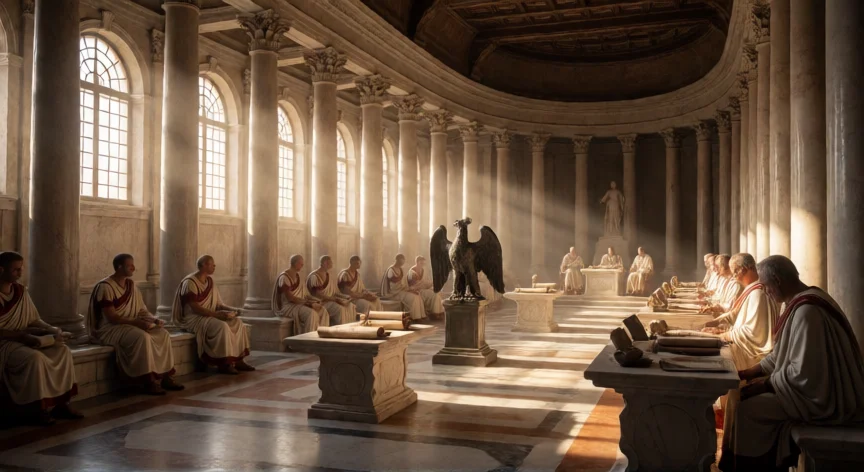 que hicieron los romanos para evitar la concentracion del poder, Reconstrucción del Senado romano en la Curia Julia con patricios deliberando entre columnas corintias