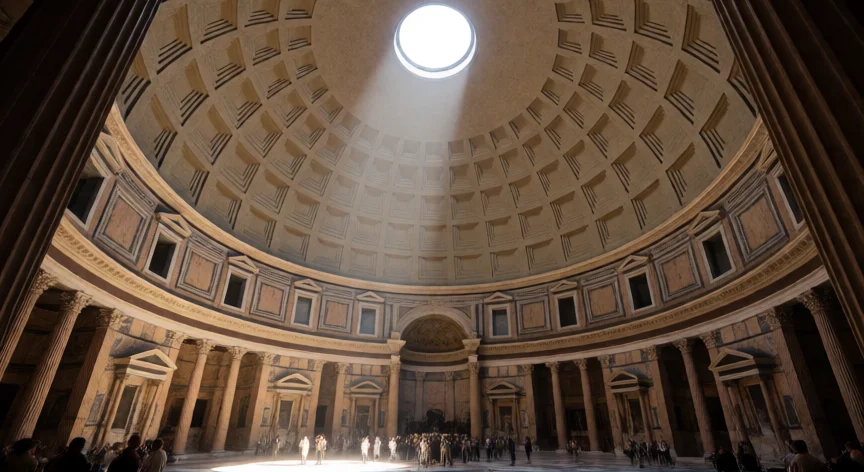 que hicieron los romanos por nosotros, Interior del Panteón de Roma con la cúpula y el óculo iluminado por el sol