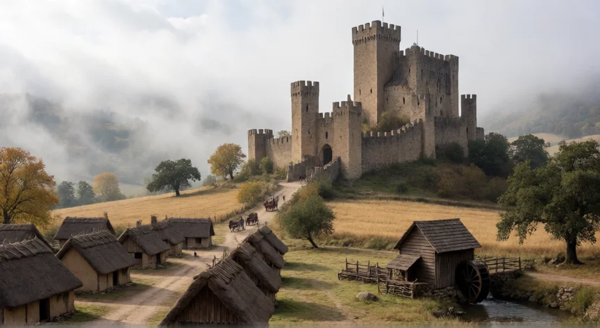 que hicieron los señores feudales para centralizar el poder, Castillo feudal en una colina dominando un pueblo de campesinos con cabañas de madera y molino de agua