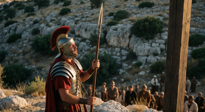 qué hicieron los soldados romanos con jesús, Soldado romano con lanza en el Gólgota mirando la cruz