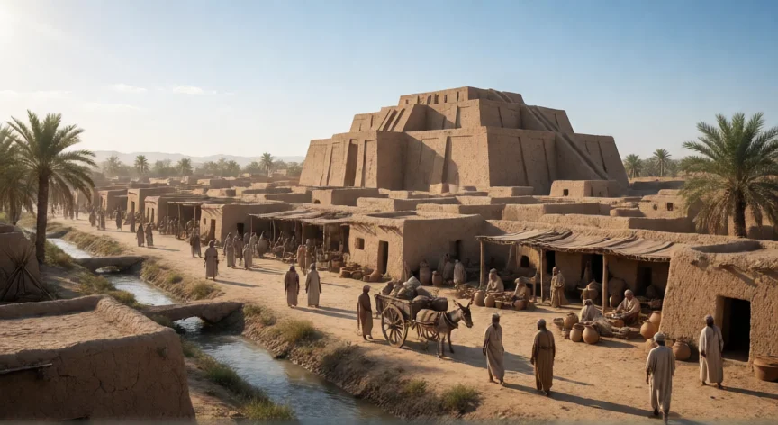 que hicieron los sumerios, Reconstrucción de la ciudad sumeria de Ur con su ziggurat, canales de riego y mercado activo.