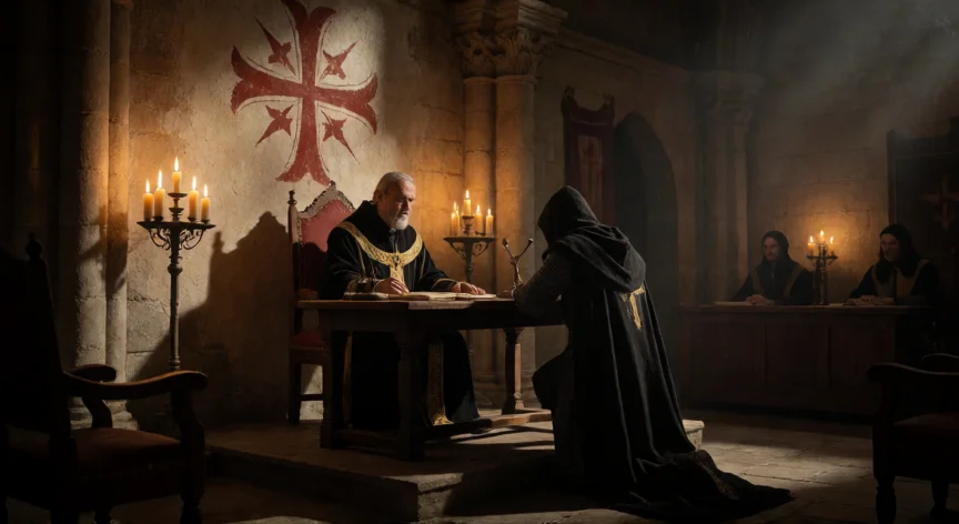 que hicieron los templarios, Juicio inquisitorial a un caballero templario en catedral medieval