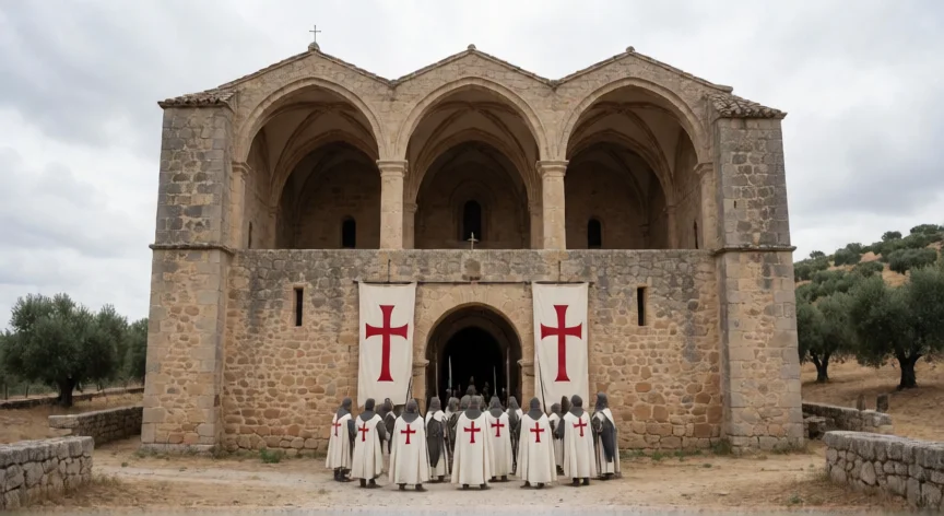 que hicieron los templarios en españa, Recreación de caballeros templarios en la puerta de un monasterio fortificado en La Mancha