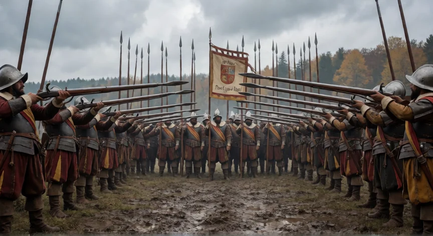 que hicieron los tercios españoles, Formación rectangular de un Tercio Español con piqueros y arcabuceros en campo de batalla