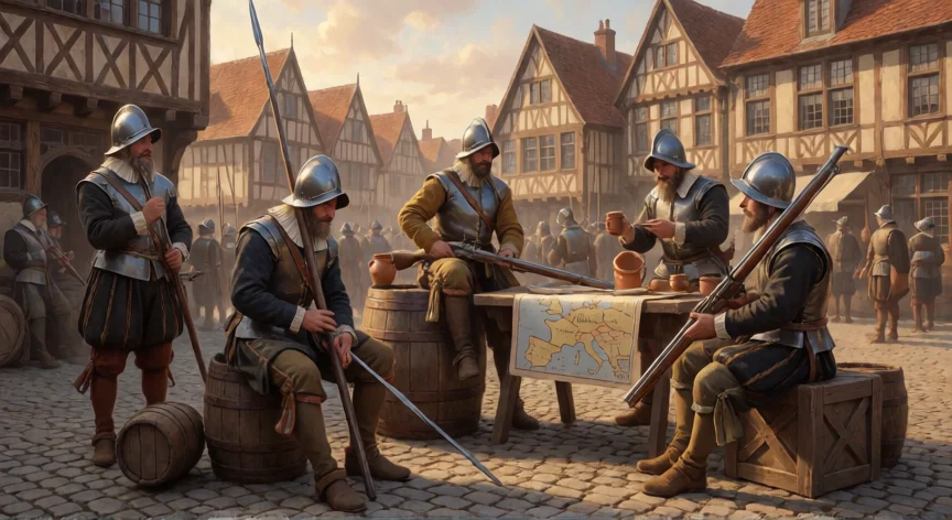 que hicieron los tercios españoles, Soldados del Tercio de Flandes descansando en una plaza de pueblo con sus armas