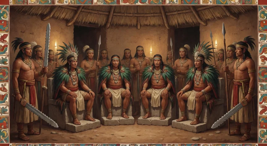 que hicieron los tlaxcaltecas, Consejo de los cuatro señores tlaxcaltecas deliberando en su palacio