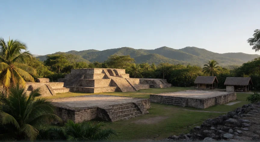 Sitio arqueológico de Cempoala, antigua ciudad totonaca en Veracruz con plataformas ceremoniales de piedra
