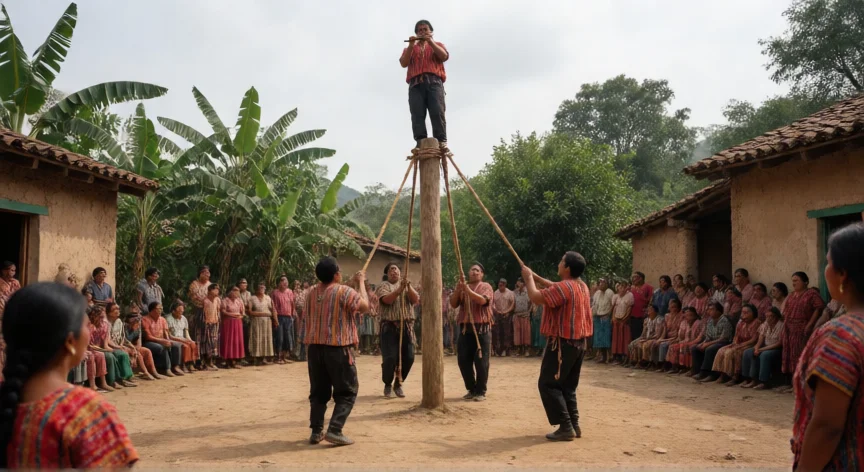 que hicieron los totonacas, Danza de los Voladores totonaca en plaza comunitaria con poste ceremonial y público tradicional