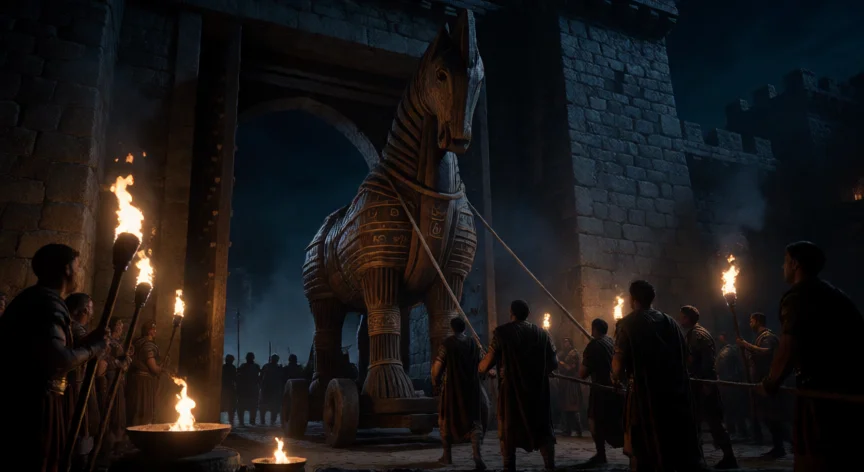 que hicieron los troyanos, El Caballo de Troya siendo arrastrado por las puertas de la ciudad en la noche, iluminado por antorchas