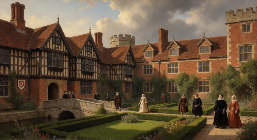 que hicieron los tudor, Cortejo de palacio inglés en época Tudor con arquitectura de media viga y jardines formales