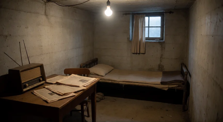 que hicieron los tupamaros en uruguay, Recreación de un refugio clandestino tupamaro con mobiliario básico y atmósfera de los años 70