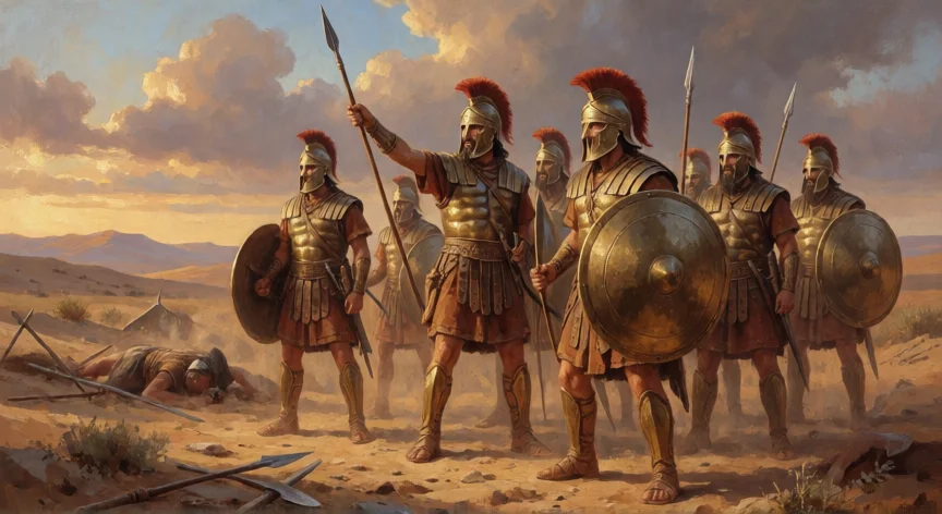 que hicieron los valientes de david, Guerreros valientes de David en armadura de bronce en paisaje desértico antiguo