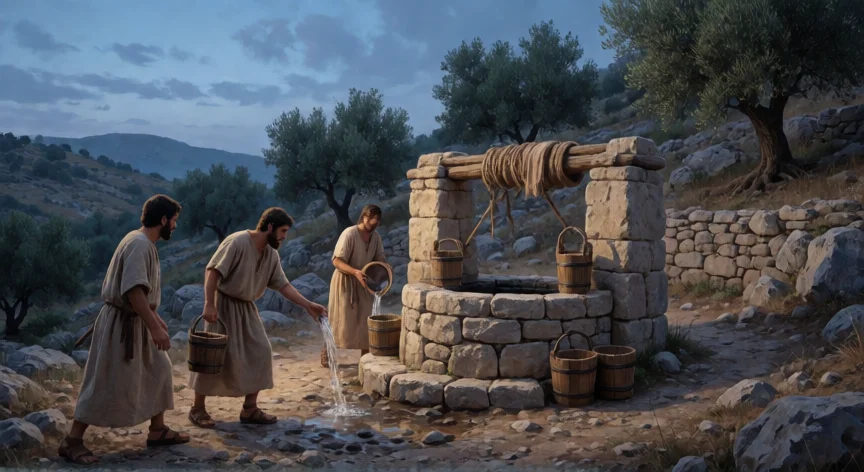 que hicieron los valientes de david, Tres valientes junto al pozo de Belén ofreciendo agua a David al atardecer