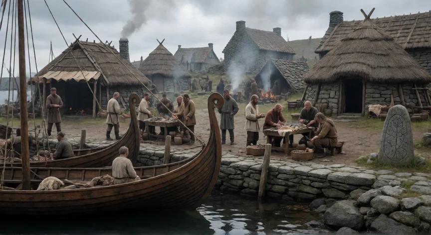 que hicieron los vikingos, Mercado vikingo en un puerto medieval con longships amarrados y comerciantes