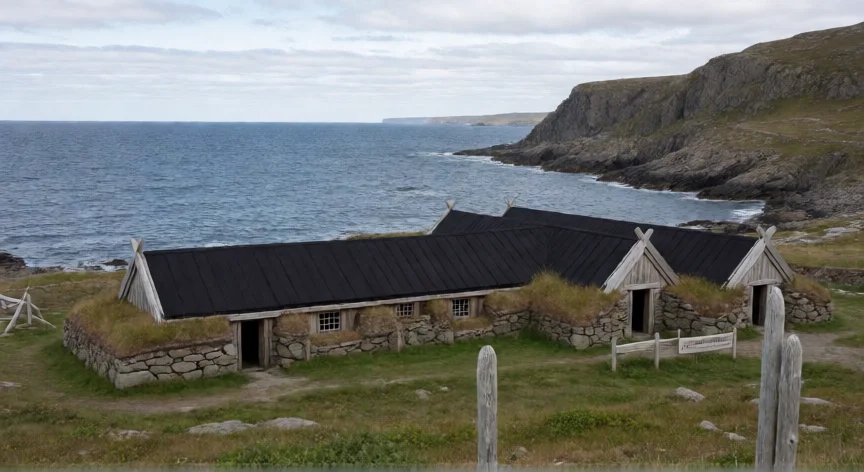 que hicieron los vikingos en america, Reconstrucción de las viviendas nórdicas de L'Anse aux Meadows junto a la costa de Terra Nova, Canadá