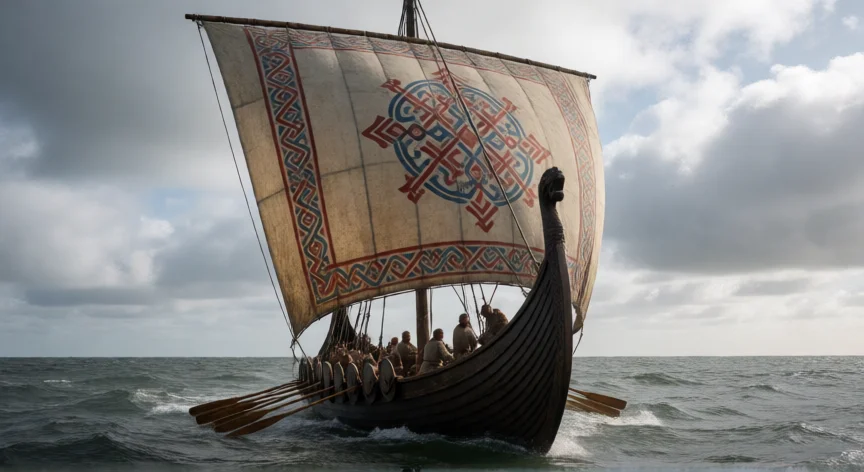 que hicieron los vikingos en america, Réplica de un barco vikingo con vela cuadrada navegando el océano Atlántico norte