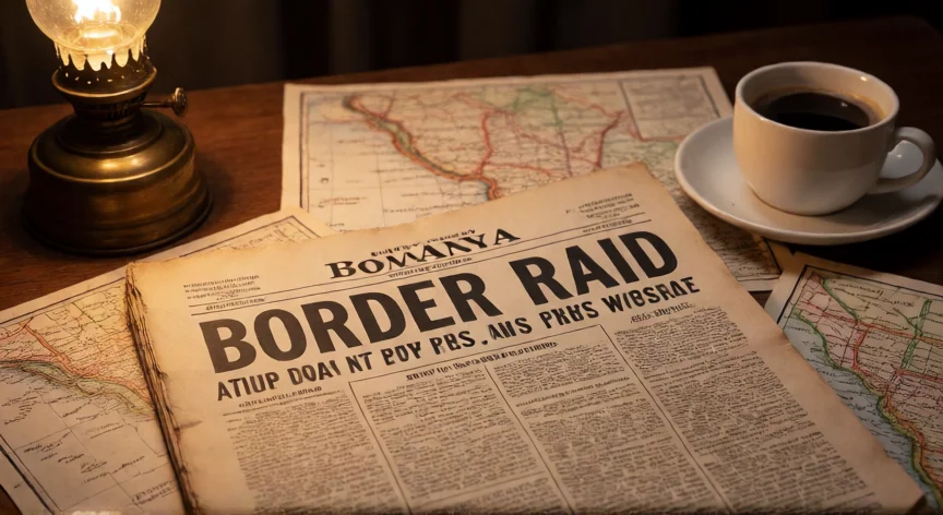 que hicieron los villistas, Periódico de 1916 sobre el ataque Villista a la frontera, sobre escritorio con mapas