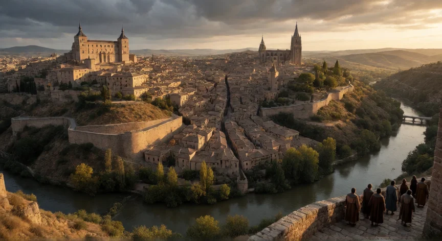que hicieron los visigodos en españa, Vista aérea de Toledo, capital del reino visigodo, al atardecer con el Tajo rodeando la ciudad