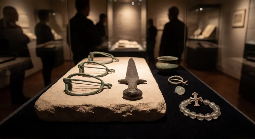 que hicieron los visigodos en españa, Ajuar funerario visigodo con fíbulas de bronce, espada y anillo en vitrina de museo arqueológico