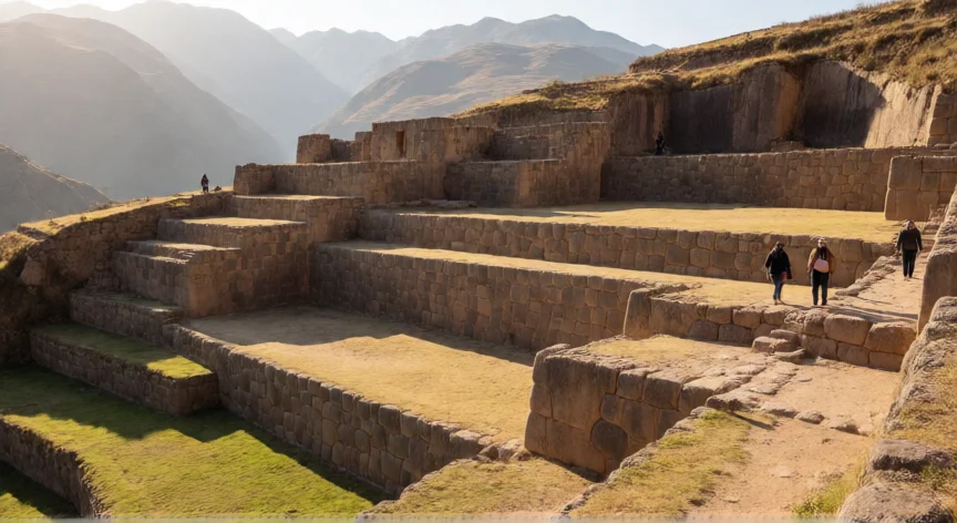 que hicieron los wari, Ruinas de piedra wari en Pikillaqta, Cusco, con muros de encaje preciso y plataformas escalonadas.